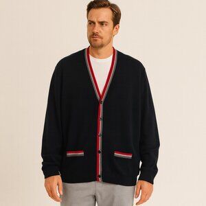Brooks Brothers Men’s Italian Merino Wool Long Sleeve Cardigan XXL Navy Red Grey